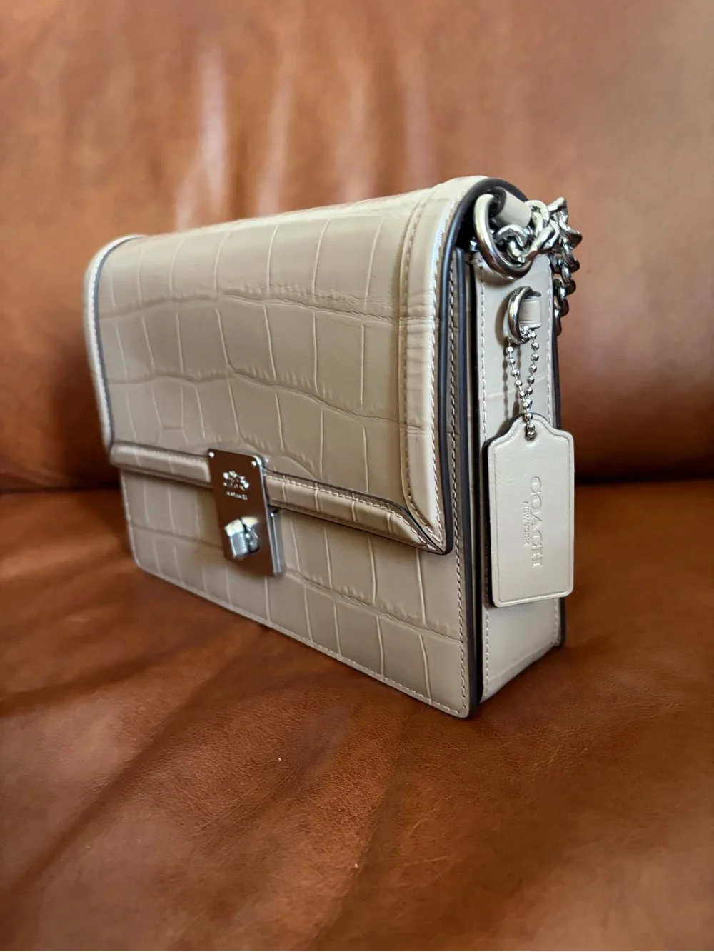 Coach Croc-Embossed Cream Crossbody with Black Trim